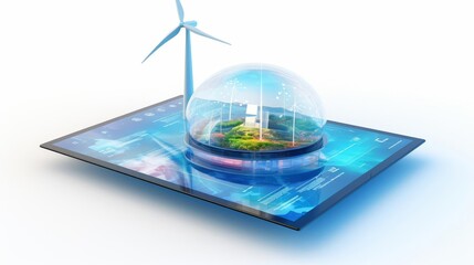 Tablet showing a 3D holographic icon of a wind turbine, isolated on a pure solid white background, closeup showcasing renewable energy solutions
