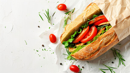 Bag with tasty ciabatta sandwich on white background 