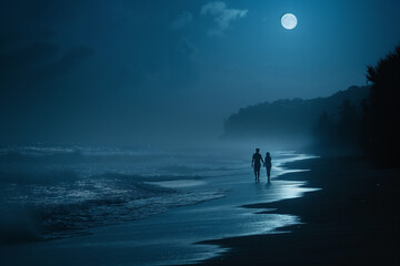 Couple enjoying a quiet stroll on a moonlit beach