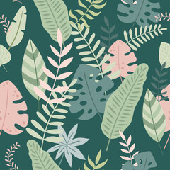 Jungle seamless pattern in flat style. Tropical leafs digital paper. Floral pattern. Safari paper. 