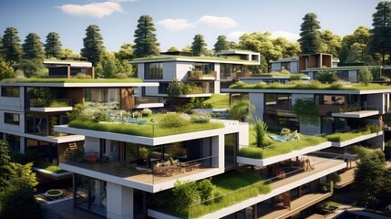 Fototapeta premium Modern residential district with green roof and balcony