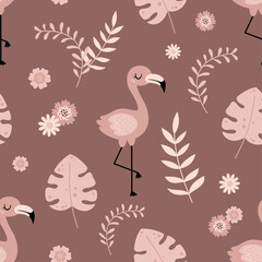 Flamingo seamless pattern in cartoon flat style. Jungle digital paper. Jungle bird pattern. Safari paper. Hand drawn vector pattern
