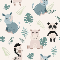 Jungle animal Seamless pattern in flat style. Safari digital paper with panda, hippo, rhino and tropical leafs. Jungle animals pattern. Hand drawn vector pattern
