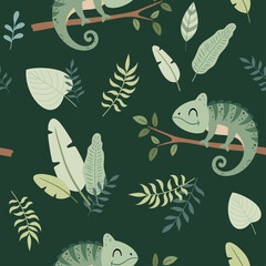 Jungle Seamless pattern in flat style. Safari digital paper with chameleon and tropical plants. Hand drawn vector pattern