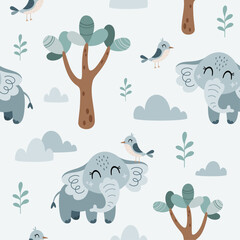 Elephant seamless pattern in cartoon flat style. Jungle animal digital paper. Tropical pattern. Safari paper. Hand drawn vector pattern