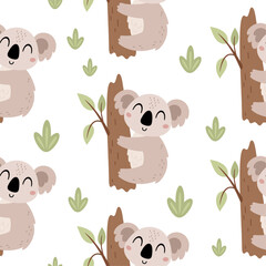 Koala seamless pattern in cartoon flat style. Jungle digital paper. Jungle animal pattern. Safari paper. Hand drawn vector pattern