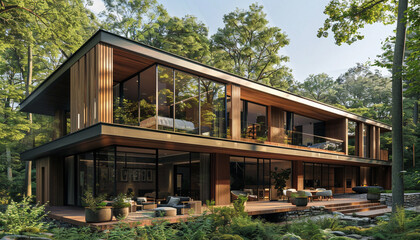 Fototapeta na wymiar Modern forest home with natural wood facades and large windows, integrating seamlessly with the surrounding trees on a sunny day.