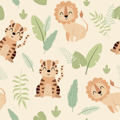 Jungle animal Seamless pattern in flat style. Safari digital paper with lion, tiger and tropical plants. Jungle animals pattern. Hand drawn vector pattern