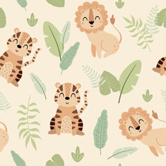 Jungle animal Seamless pattern in flat style. Safari digital paper with lion, tiger and tropical plants. Jungle animals pattern. Hand drawn vector pattern © JulzaArt