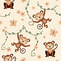 Monkey seamless pattern in cartoon flat style. Jungle digital paper. Jungle animal pattern. Safari paper. Hand drawn vector pattern