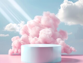 a round white platform with pink clouds in the sky