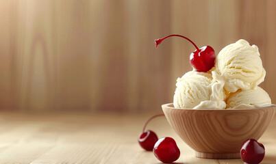 Vanilla ice cream with cherry on wooden background	