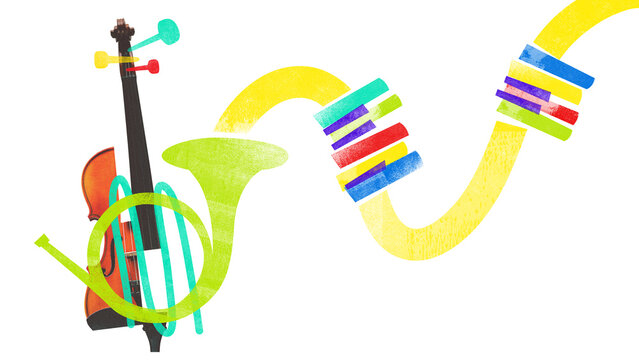 Poster. Contemporary art collage. Colorful artwork of violin and French horn leaning against each other. Instruments working together to create pleasing sound. Concept of concert, classic and modern.