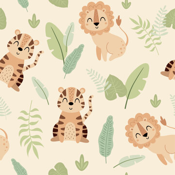 Fototapeta Jungle animal Seamless pattern in flat style. Safari digital paper with lion, tiger and tropical plants. Jungle animals pattern. Hand drawn vector pattern