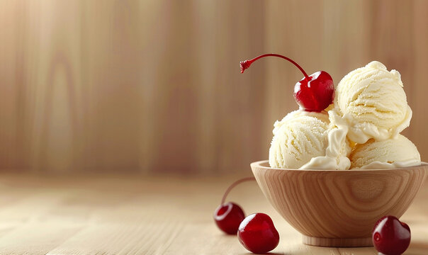 Vanilla ice cream with cherry on wooden background	