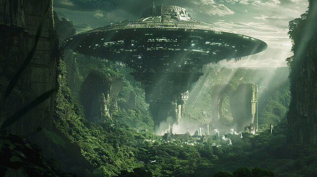 Cinematic shot a colossal ancient alien inter dimension of giant UFO