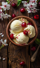 Vanilla ice cream with cherry on wooden background	