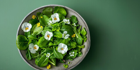 Top view of green salad with flowers in a clay plate on a dark background.