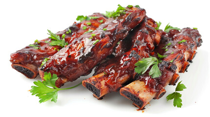 Smoky and tender BBQ ribs glazed with a sticky sauce, garnished with fresh herbs, set against a clean white backdrop, highlighting the mouthwatering allure of this classic barbecue favorite.