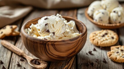 Stracciatella homemade ice cream and cookies in the wooden bowl,selective focus