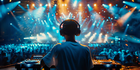 DJ with headphones at night club party under the blue light and people crowd in background