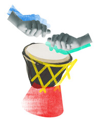 Poster. Contemporary art collage. Hands playing red and yellow drum, captures energy and rhythm in...