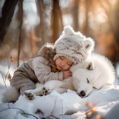A Little kid and white a Samoyed dog are lying in the freezing snow, surrounded by winter plants and trees