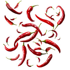  A group of red chili peppers are flying in the air, forming various shapes and symbols on a white background