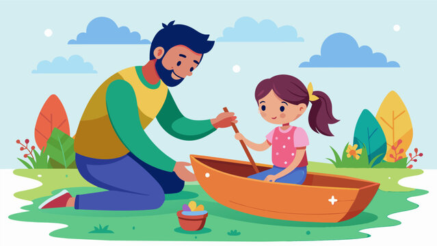 A father helped his young daughter paint her wooden boat with bright colors and glitter excitedly discussing their strategy for the upcoming