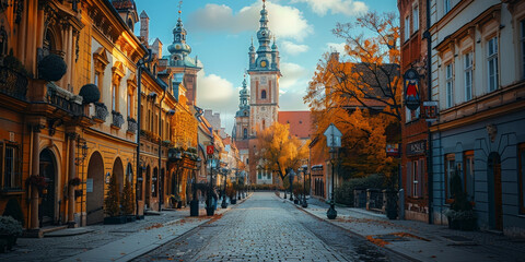empty Street with old buildings and a church tower in the background.  - obrazy, fototapety, plakaty