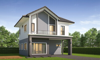 Modern house exterior day light with lawn grass.3d rendering
