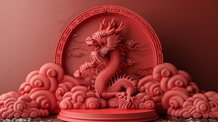 3D Podium round stage for happy Chinese new year Dragon Zodiac sign, on a color background