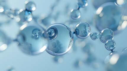 3D glass molecules or atoms on a light blue background. Concept of biochemical, pharmaceutical, beauty, medical. Science or medical background.
