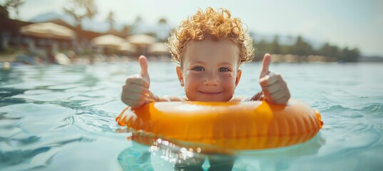 Child giving thumbs up in pool with inflatable ring, endorsing swimming pool experience