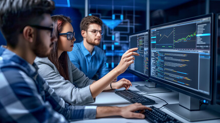 Three people are working on a computer screen, with one of them pointing at the screen. Scene is focused and collaborative, as the group of people work together to solve a problem or complete a task