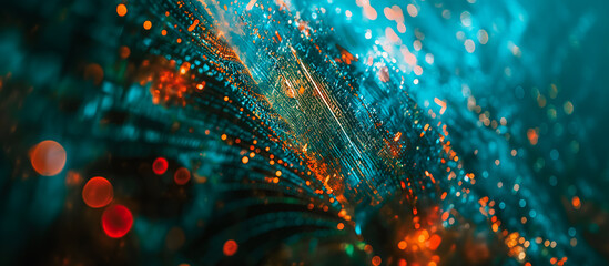 A blue and orange image with a lot of dots and lines. The image is abstract and has a futuristic...
