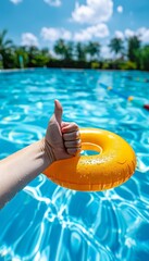 Child with inflatable ring gives thumbs up, endorsing the swimming pool experience