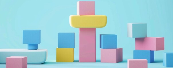 3D illustration of pink, blue and yellow building blocks balancing on top of each other on blue background.tion of rows of pink, blue and yellow building blocks on blue background.