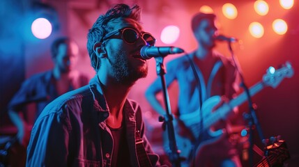 Group of Men Singing Into Microphones on Stage - obrazy, fototapety, plakaty
