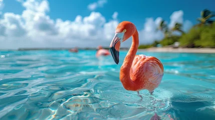 Gardinen A close-up of a flamingo in the sea on Renaissance Island, Aruba © vadymstock