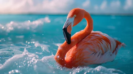 Tuinposter A close-up of a flamingo in the sea on Renaissance Island, Aruba © vadymstock