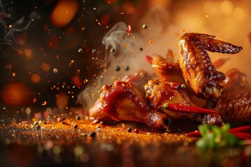 fresh chicken boned wings in buffalo barbeque, or spicy sauce with flying ingredients and spices hot ready to serve and eat food commercial advertisement menu banner with copy space, photography 