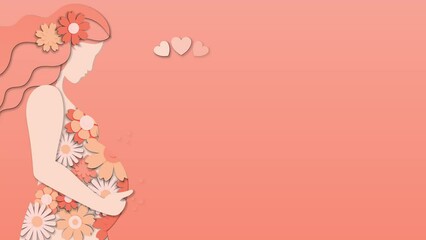 Pregnant woman with round belly on pink background with flowers. Animated congratulations with newborn baby or Mother's Day