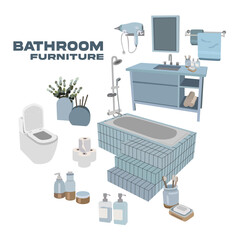 Bathroom furniture vector set. Bathroom cartoon blue elements, vector toilet, bathtub, sink and other bathroom cosmetic items. Flat bathroom interior