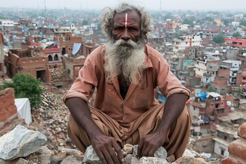 Man Sitting on Top of Pile of Rocks