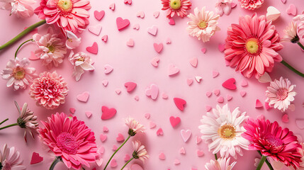Fototapeta na wymiar Beautiful flowers and decorative hearts on pink background