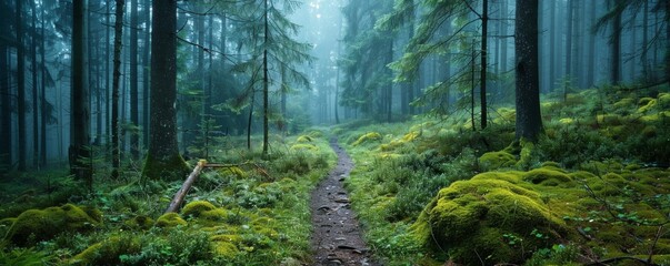 A narrow path in a coniferous forest, with moss and lichen on the trees, Black Forest