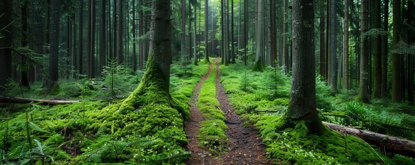 A narrow path in a coniferous forest, with moss and lichen on the trees, Black Forest
