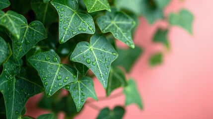 Close-up of invigorating green ivy leaves with sparkling water droplets against a soft pink background, symbolizing freshness and natural beauty