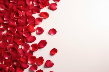 An array of vibrant red rose petals scattered randomly on a pristine white background, creating a romantic texture. Red Rose Petals Scattered on a White Surface